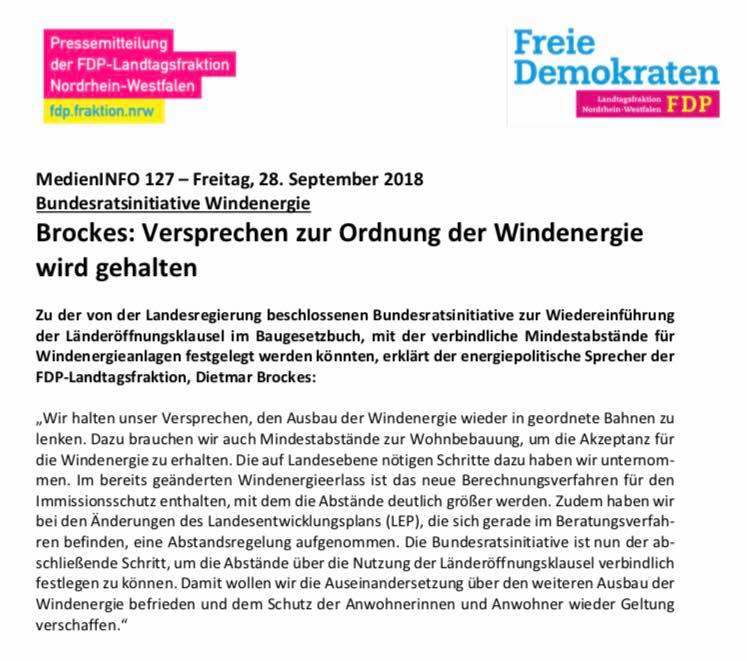 Brockes: FDP Versprechen zur Ordnung der Windenergie wird gehalten.